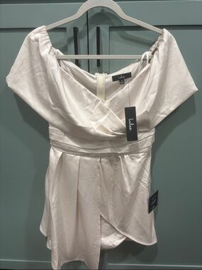 NWT! Lulu's Ivory Satin Off-Shoulder Wrap Romper